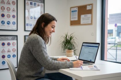 Jeune femme souriante en formation de conduite dans un bureau moderne