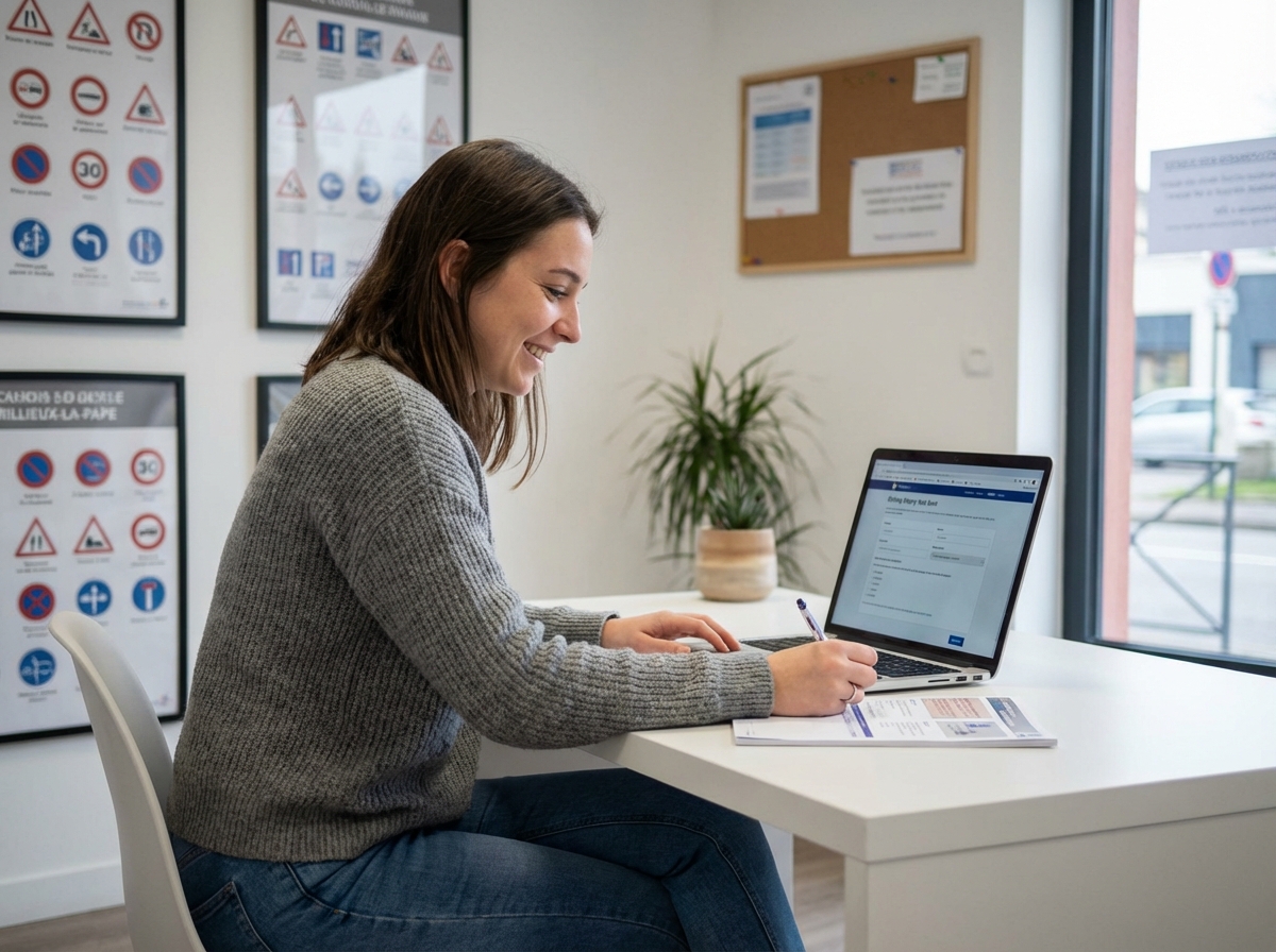 Jeune femme souriante en formation de conduite dans un bureau moderne