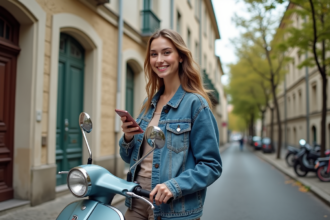 Jeune femme souriante avec moped dans une rue résidentielle