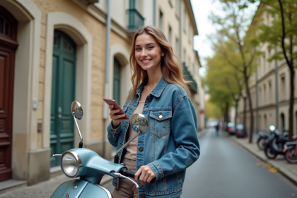 Jeune femme souriante avec moped dans une rue résidentielle