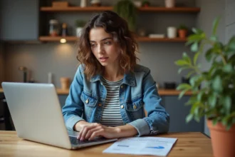 Jeune femme avec permis de conduire sur ordinateur