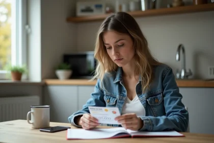 Jeune femme examine son permis de conduire dans une cuisine chaleureuse