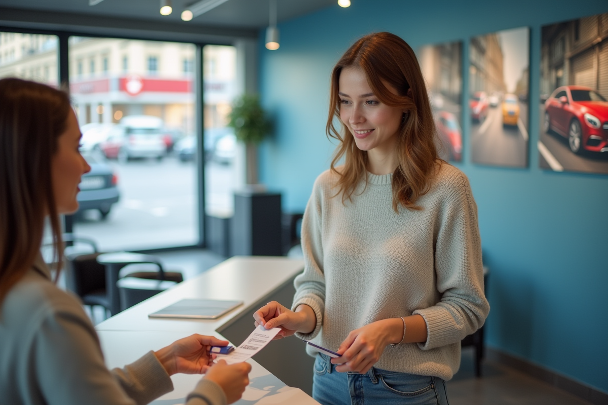 Jeune femme remettant ses papiers à la reception d