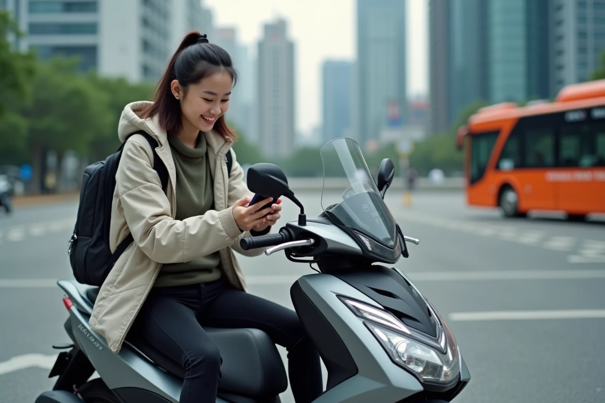 Jeune femme sur scooter en ville vérifiant son smartphone