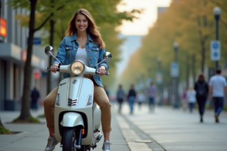 Jeune femme souriante sur un scooter en ville