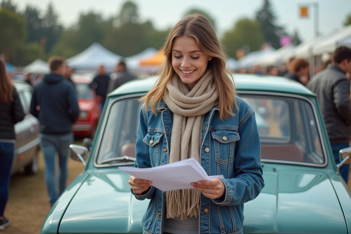 Jeune femme souriante devant une Renault 12 au marché vintage