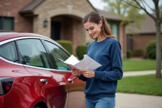 Jeune femme lisant manuel devant sa voiture électrique rouge