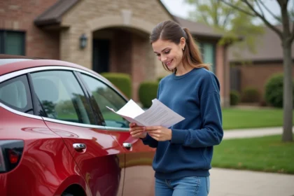 Jeune femme lisant manuel devant sa voiture électrique rouge