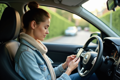 Jeune femme en voiture compare des devis d'assurance