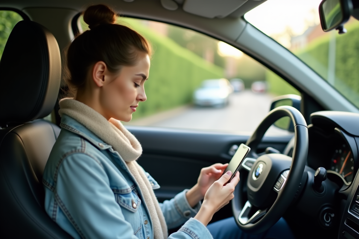 Jeune femme en voiture compare des devis d'assurance