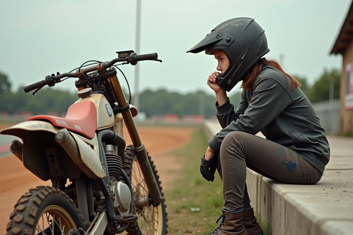 Fille en équipement motocross examinant une moto