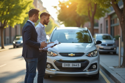 Jeune homme discutant avec un agent d'assurance à côté d'une voiture moderne