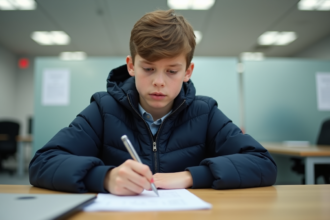Jeune garçon en bureau administratif préparant son permis scooter