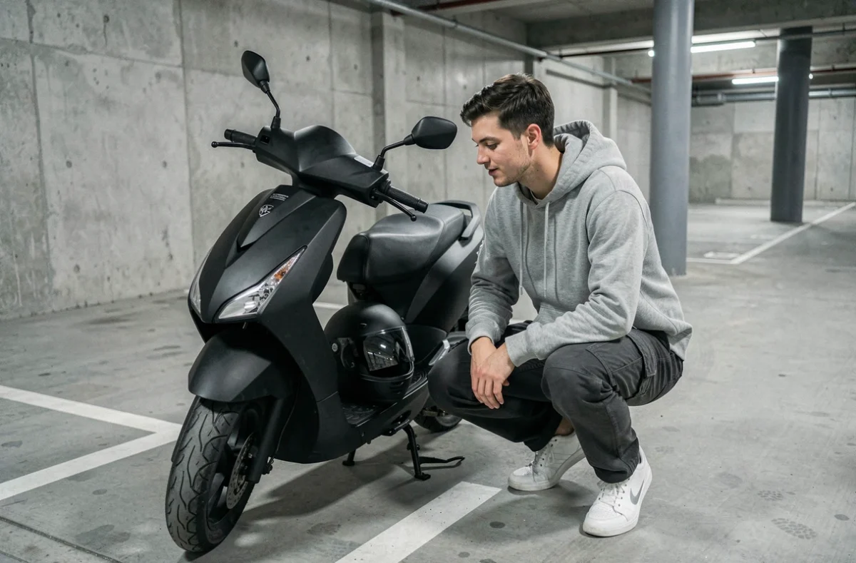 Jeune homme inspectant le tableau de bord de son scooter 125cc noir dans un parking souterrain en béton