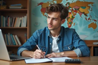 Jeune homme en étude avec ordinateur et notes