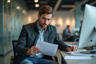 Jeune homme étudiant un document d'immatriculation automobile