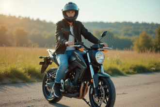 Jeune homme en moto 125cc en campagne ensoleillee