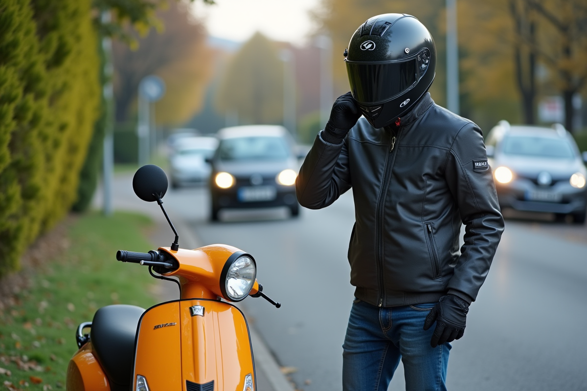 Jeune homme en moto avec casque et veste noire