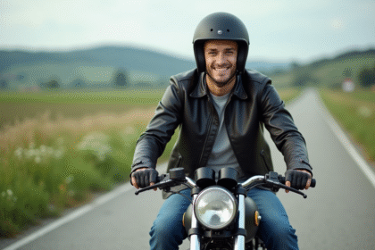 Jeune homme confiant sur moto 125cc en extérieur