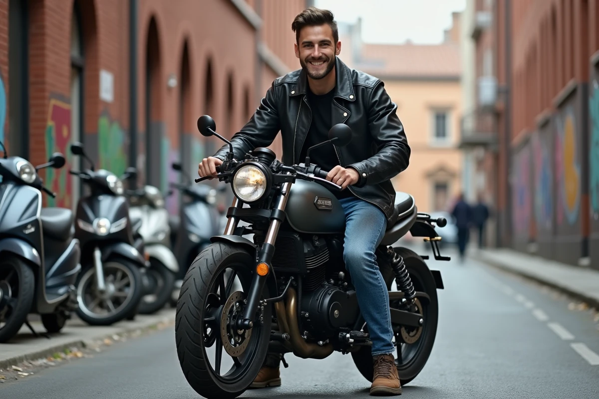 Jeune homme en cuir noir sur moto urbaine moderne