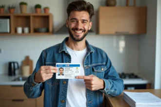 Jeune homme tenant son permis de conduire français