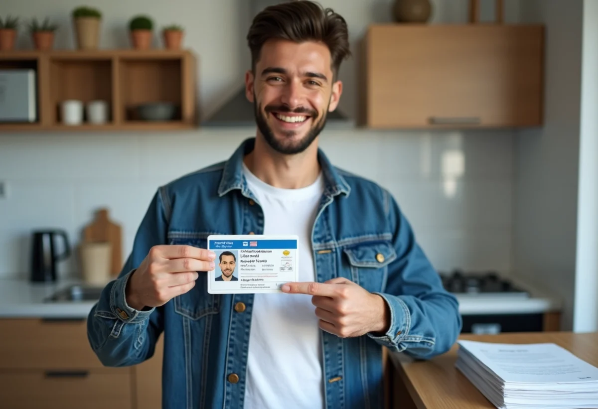 Jeune homme tenant son permis de conduire français