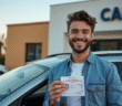 Jeune homme souriant montrant son permis de conduire devant une voiture