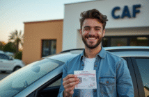 Jeune homme souriant montrant son permis de conduire devant une voiture