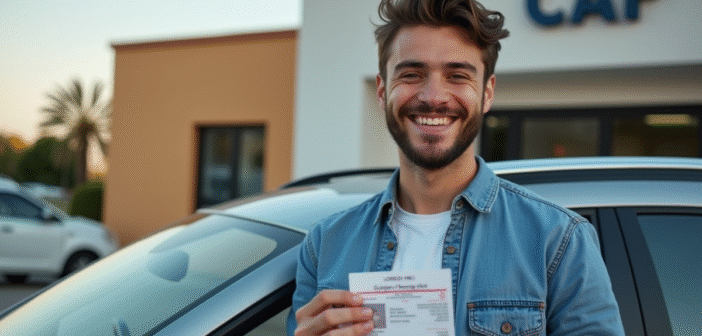 Jeune homme souriant montrant son permis de conduire devant une voiture