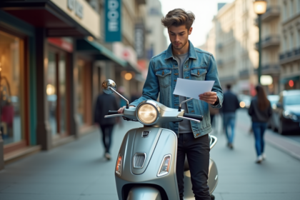 Jeune homme avec scooter et documents urbains