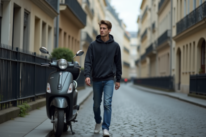Jeune homme inquiet près d'un scooter à Paris