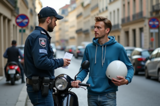 Jeune homme en hoodie bleu avec casque et ticket de police