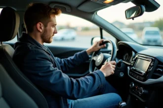Jeune homme dans sa voiture entrant un code sur la radio