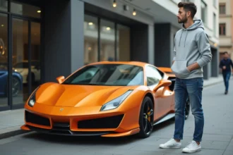 Jeune homme admirant une voiture de sport orange devant un concessionnaire