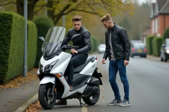 Jeune homme examine un scooter Yamaha XMAX 125 en ville