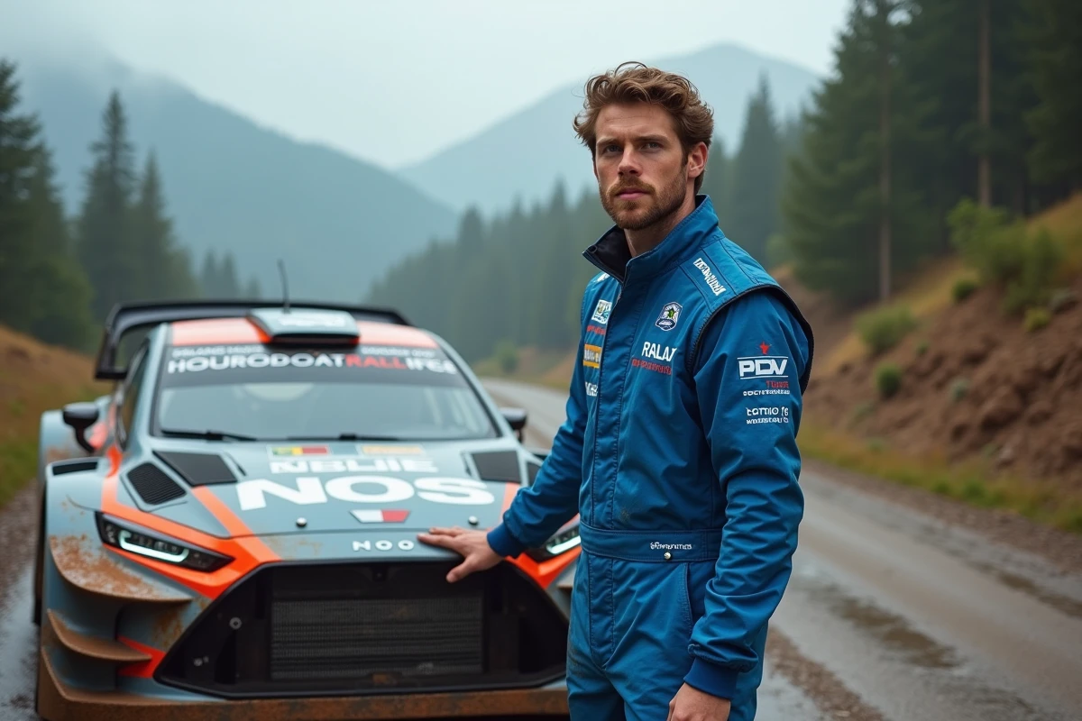 Jeune pilote rallye en combinaison bleue près d