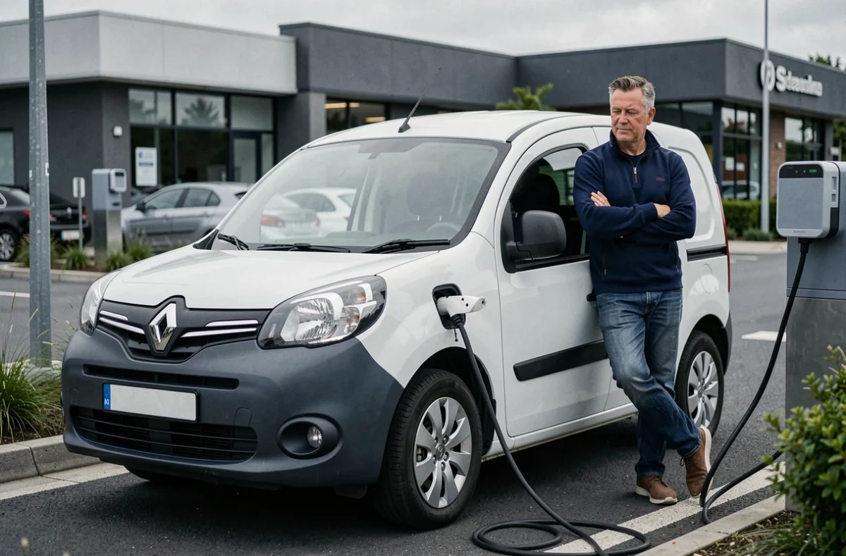 Kangoo électrique branché à une borne de recharge publique en parking commercial, homme consultant son smartphone, autonomie et recharge