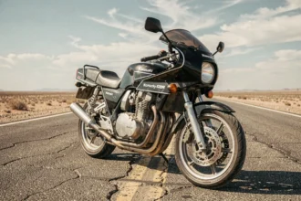 Kawasaki GPZ900R de Top Gun garée sur une route désertique américaine, vue en plongée basse avec ciel bleu pâle en arrière-plan