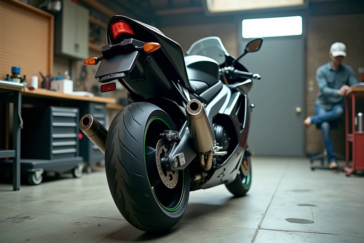 Kawasaki GTR 1000 photographiée de trois quarts arrière dans un garage atelier, détails mécaniques visibles incluant les valises, l'échappement et la suspension arrière