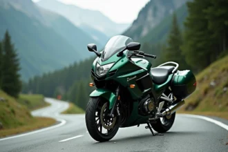 Kawasaki GTR 1000 garée sur une route de montagne alpine, vue latérale complète montrant les valises et le carénage vert métallique