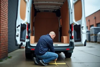 Livreur mesurant l'intérieur d'une camionnette blanche