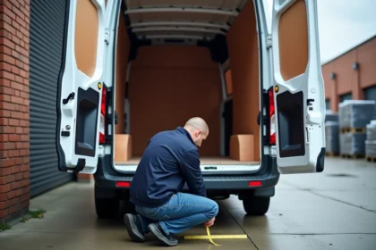 Livreur mesurant l'intérieur d'une camionnette blanche