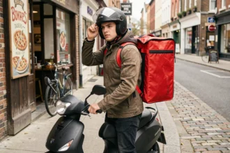 Livreur de pizza en scooter noir dans une rue urbaine avec sac isotherme rouge et casque intégral