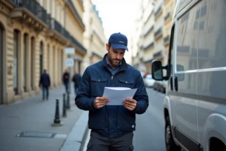 Livreur consultant un document réglementaire devant son camion blanc garé dans une rue parisienne le dimanche