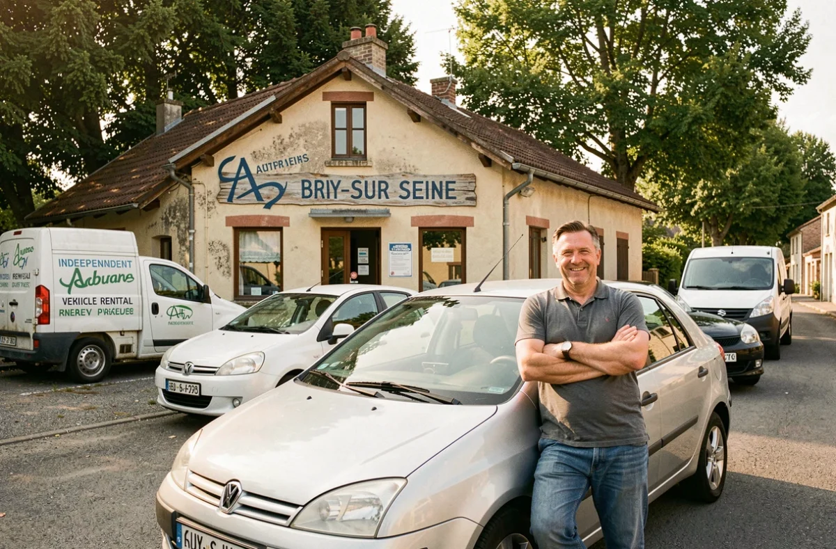 Agence MC Motors à Bray-sur-Seine avec des véhicules de location garés devant une petite enseigne locale
