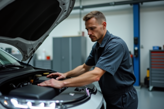 Mécanicien auto inspectant un moteur Citroen dans un garage