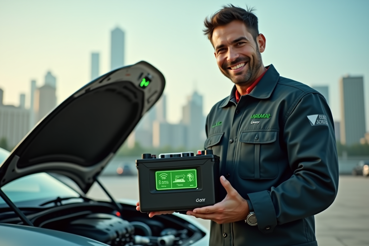 Mécanicien souriant montrant une batterie futuriste en extérieur