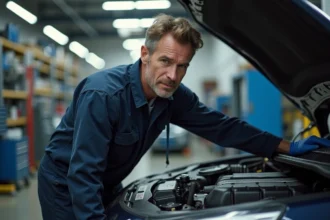 Mécanicien en combinaison bleue inspectant le moteur d'une voiture dans un garage professionnel, diagnostic du voyant point d'exclamation allumé