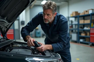 Mécanicien diagnostiquant un voyant moteur avec un scanner OBD sur une voiture en atelier