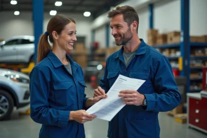 Mécanicien homme expliquant un devis à une femme dans un atelier auto